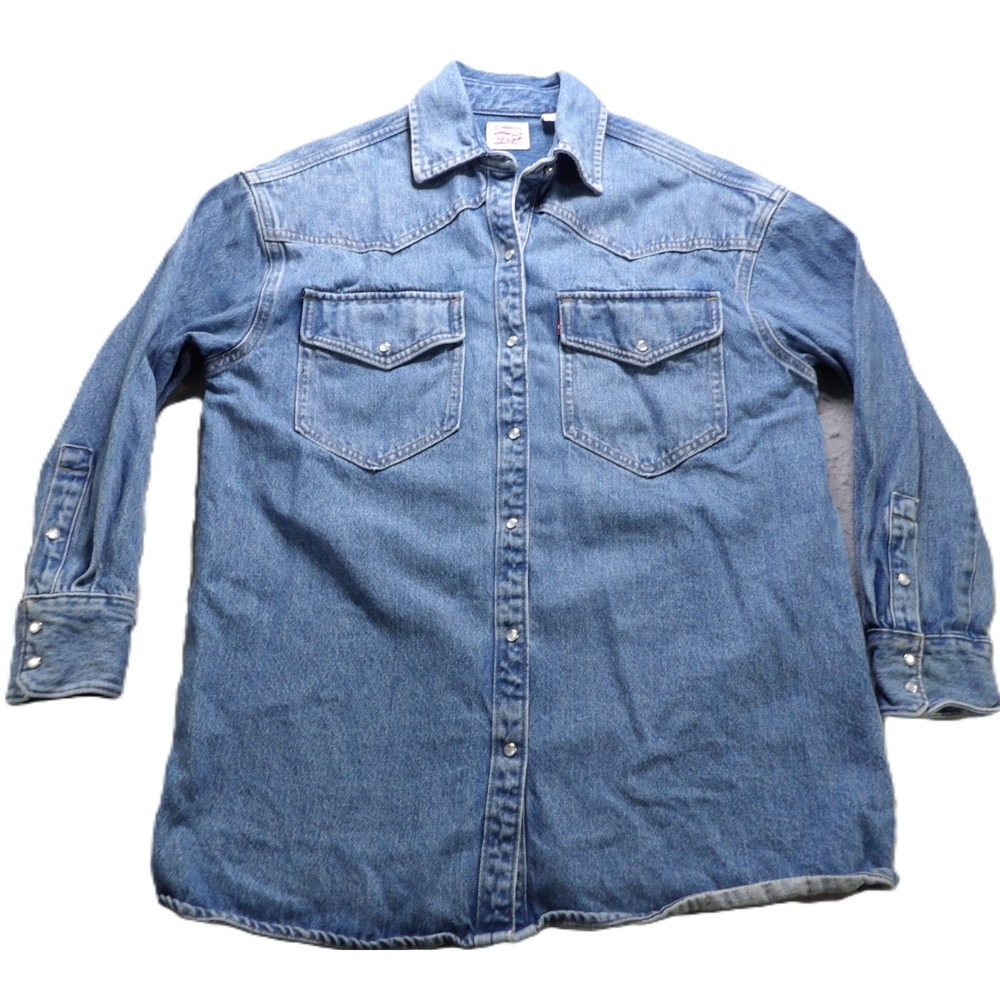 Levi Strauss Denim Western Shirt Women XS Blue Pearl Snap Long Sleeve Cotton Top
